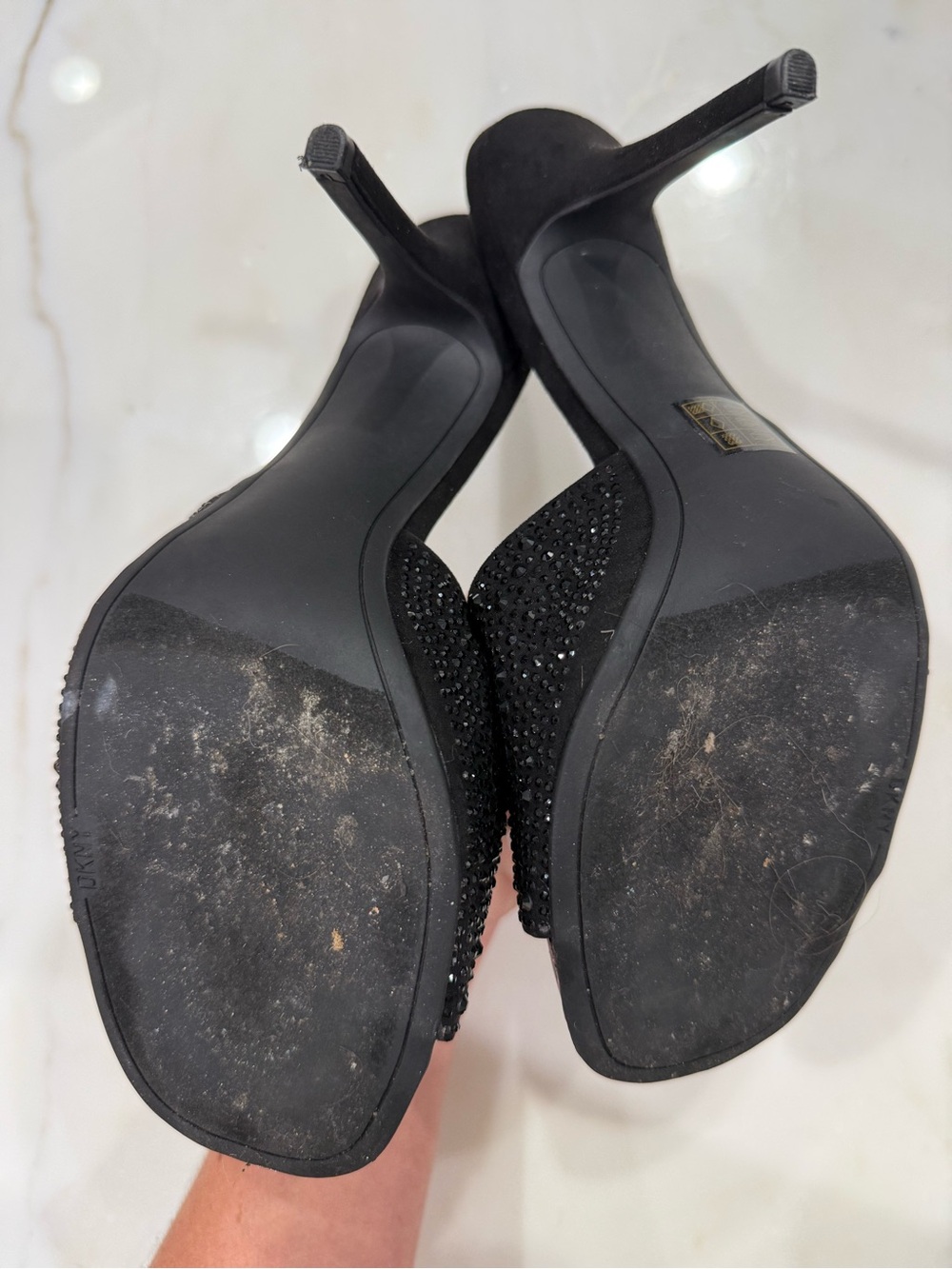 DKNY Black and Chrome Open Toe Sparkle Slip On Heels - Picture 5 of 5